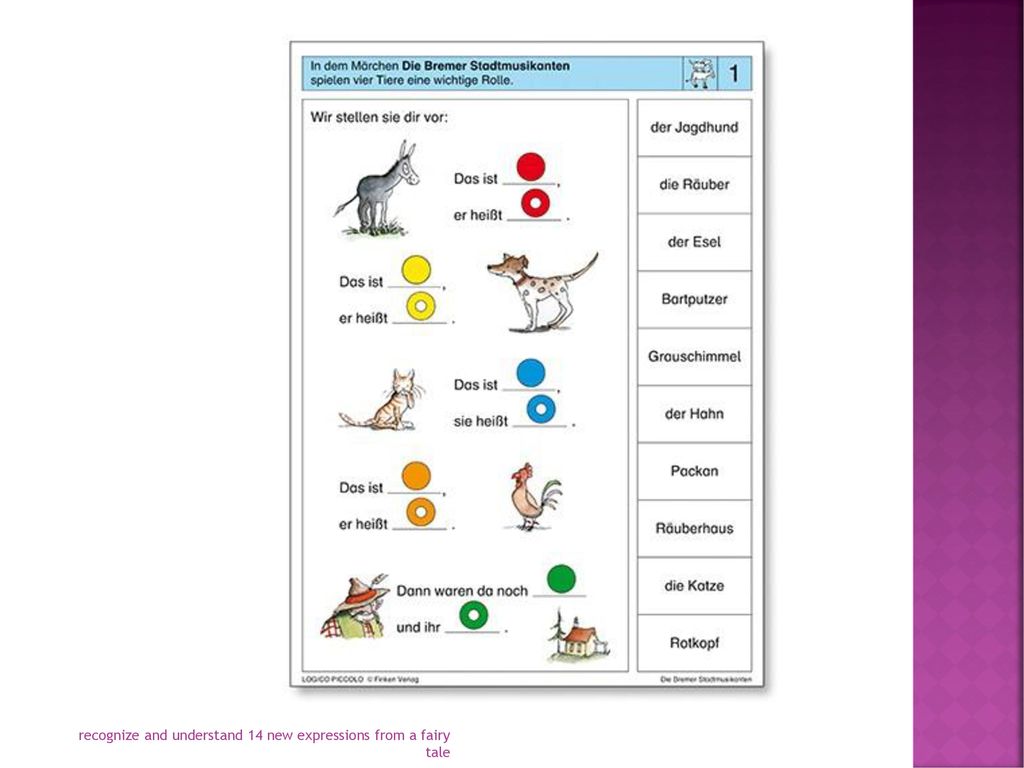 recognize and understand 14 new expressions from a fairy tale
