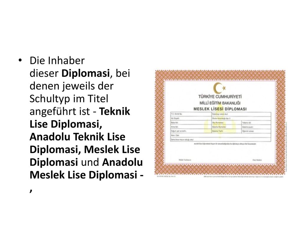 Die Inhaber dieser Diplomasi, bei denen jeweils der Schultyp im Titel angeführt ist - Teknik Lise Diplomasi, Anadolu Teknik Lise Diplomasi, Meslek Lise Diplomasi und Anadolu Meslek Lise Diplomasi -,
