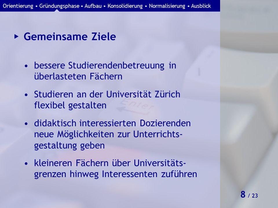 Orientierung • Gründungsphase • Aufbau • Konsolidierung • Normalisierung • Ausblick
