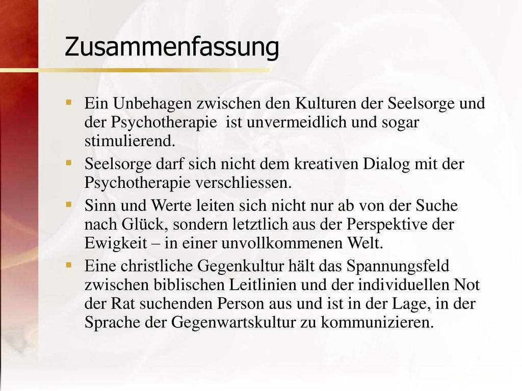 Zusammenfassung Ein Unbehagen zwischen den Kulturen der Seelsorge und der Psychotherapie ist unvermeidlich und sogar stimulierend.