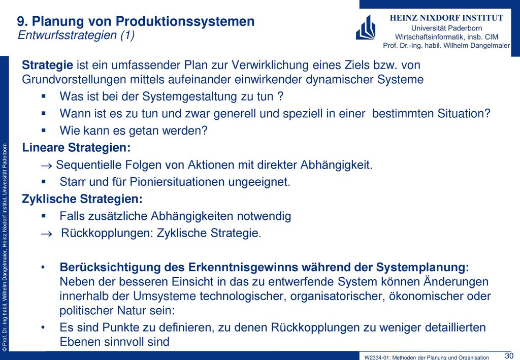 9. Planung von Produktionssystemen Entwurfsstrategien (1)
