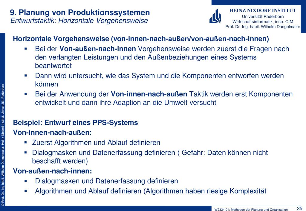 9. Planung von Produktionssystemen Entwurfstaktik: Horizontale Vorgehensweise