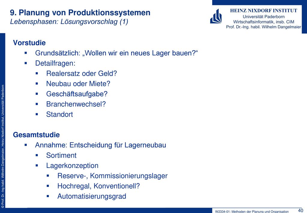 9. Planung von Produktionssystemen Lebensphasen: Lösungsvorschlag (1)