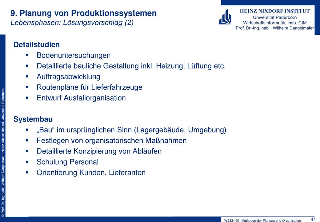 9. Planung von Produktionssystemen Lebensphasen: Lösungsvorschlag (2)