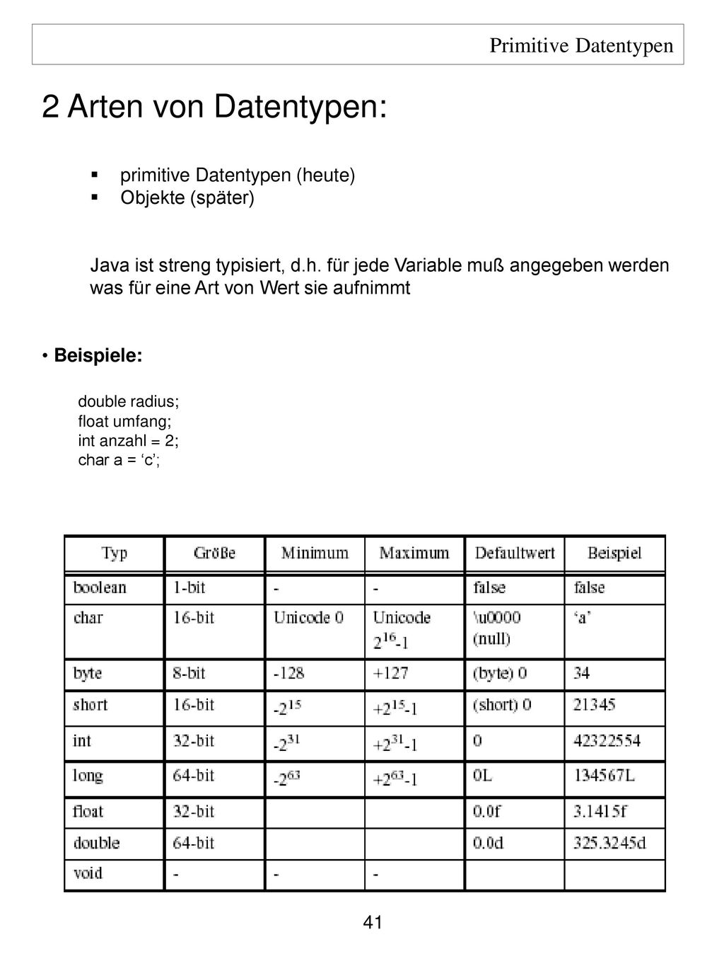 2 Arten von Datentypen: Primitive Datentypen