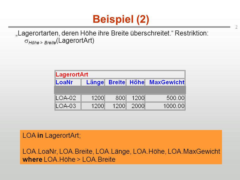 Beispiel (2) „Lagerortarten, deren Höhe ihre Breite überschreitet. Restriktion: Höhe > Breite(LagerortArt)