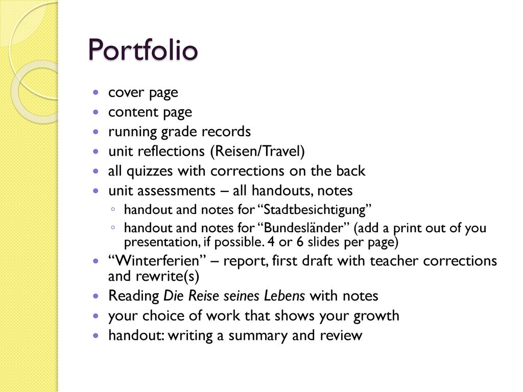Portfolio cover page content page running grade records