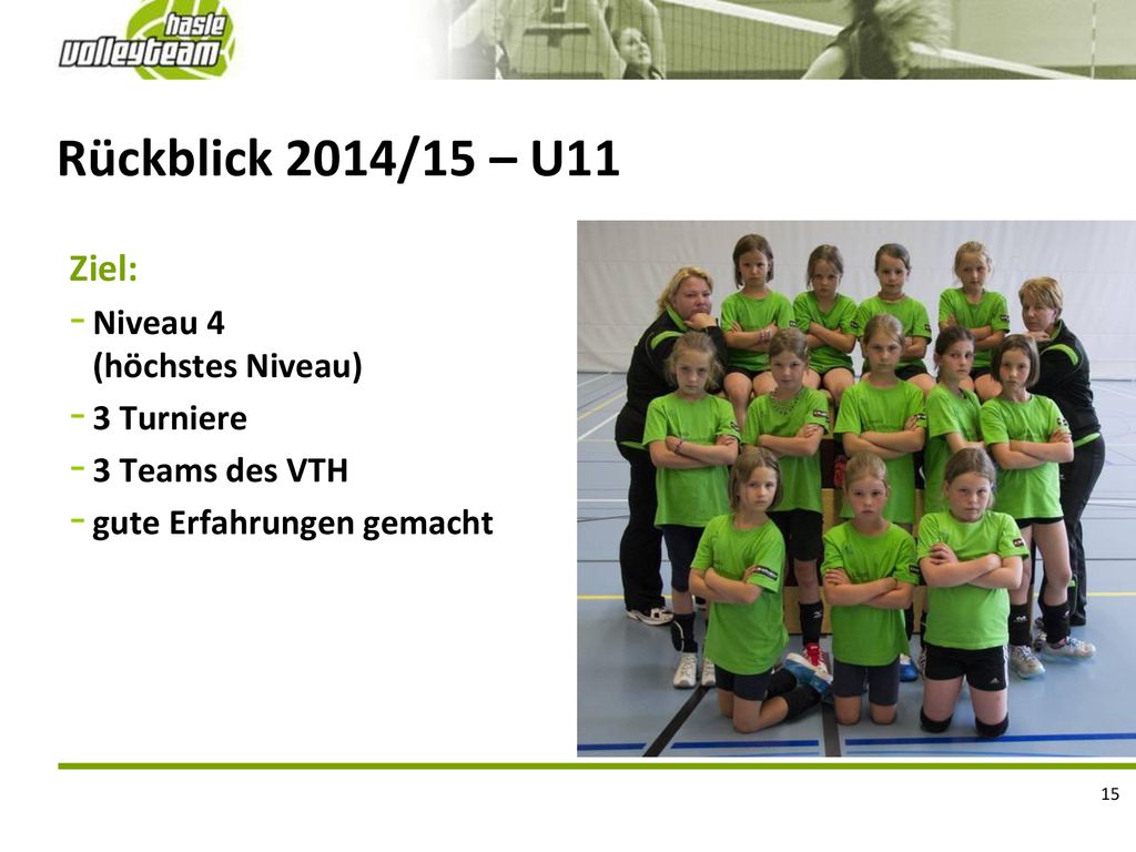 Rückblick 2014/15 – U11 Ziel: Niveau 4 (höchstes Niveau) 3 Turniere