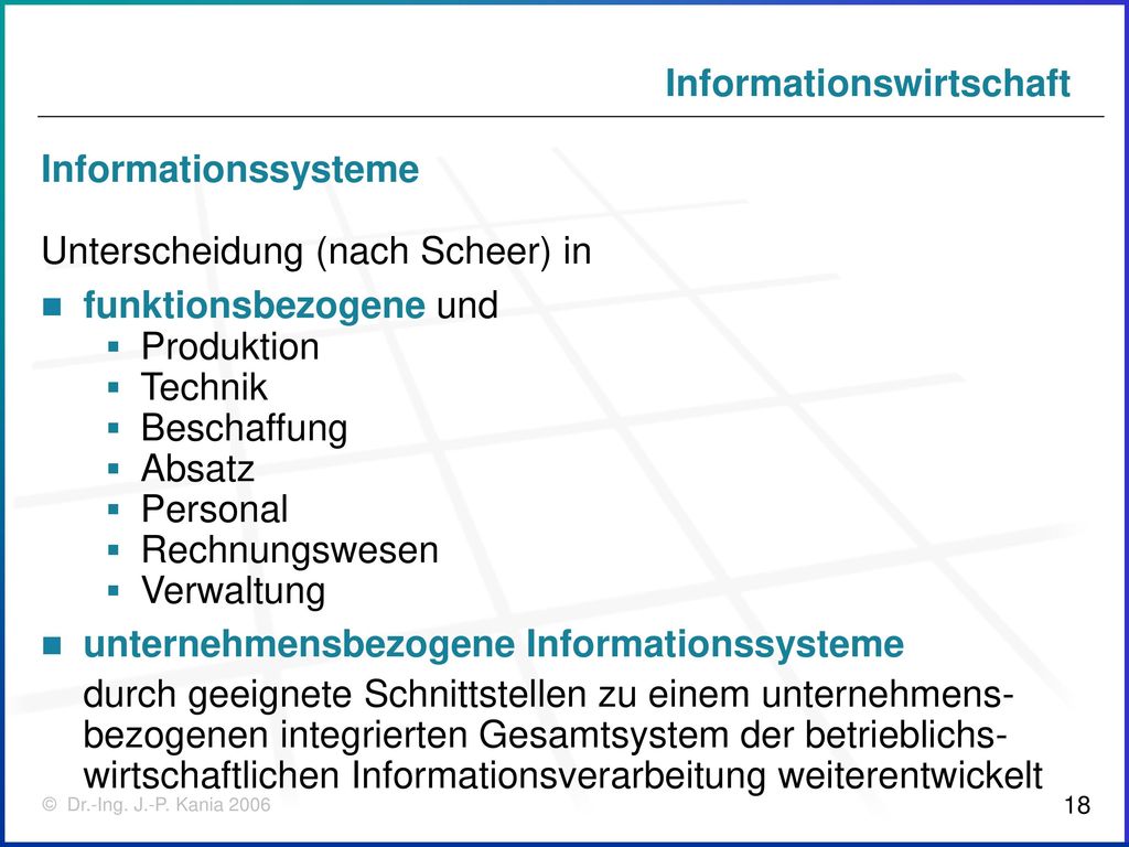 Informationssysteme Unterscheidung (nach Scheer) in. funktionsbezogene und. Produktion. Technik.