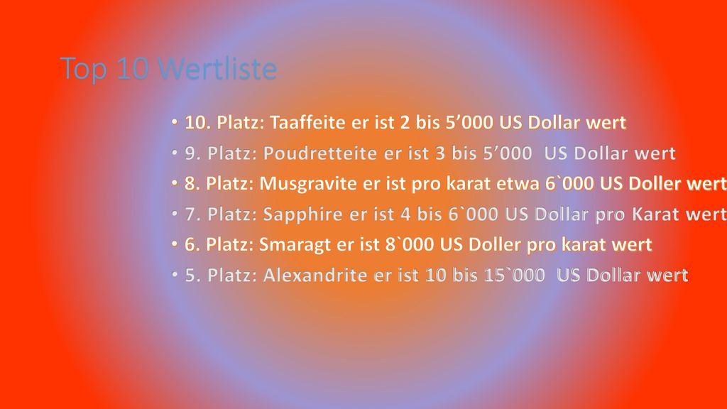 Top 10 Wertliste 10. Platz: Taaffeite er ist 2 bis 5’000 US Dollar wert. 9. Platz: Poudretteite er ist 3 bis 5’000 US Dollar wert.