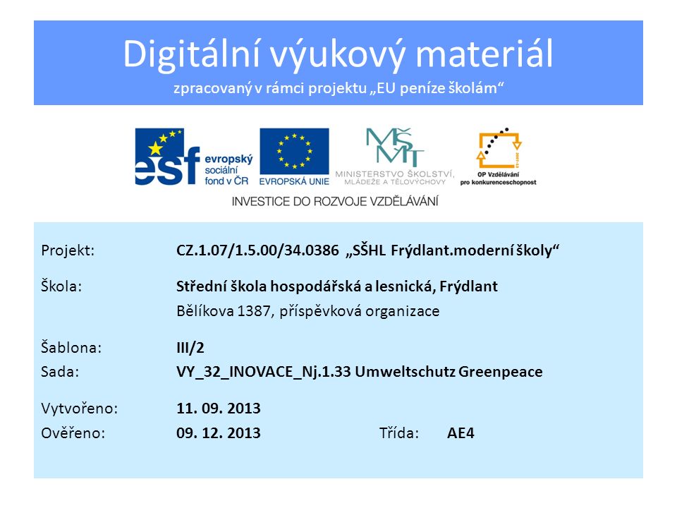 Digitální výukový materiál zpracovaný v rámci projektu „EU peníze školám