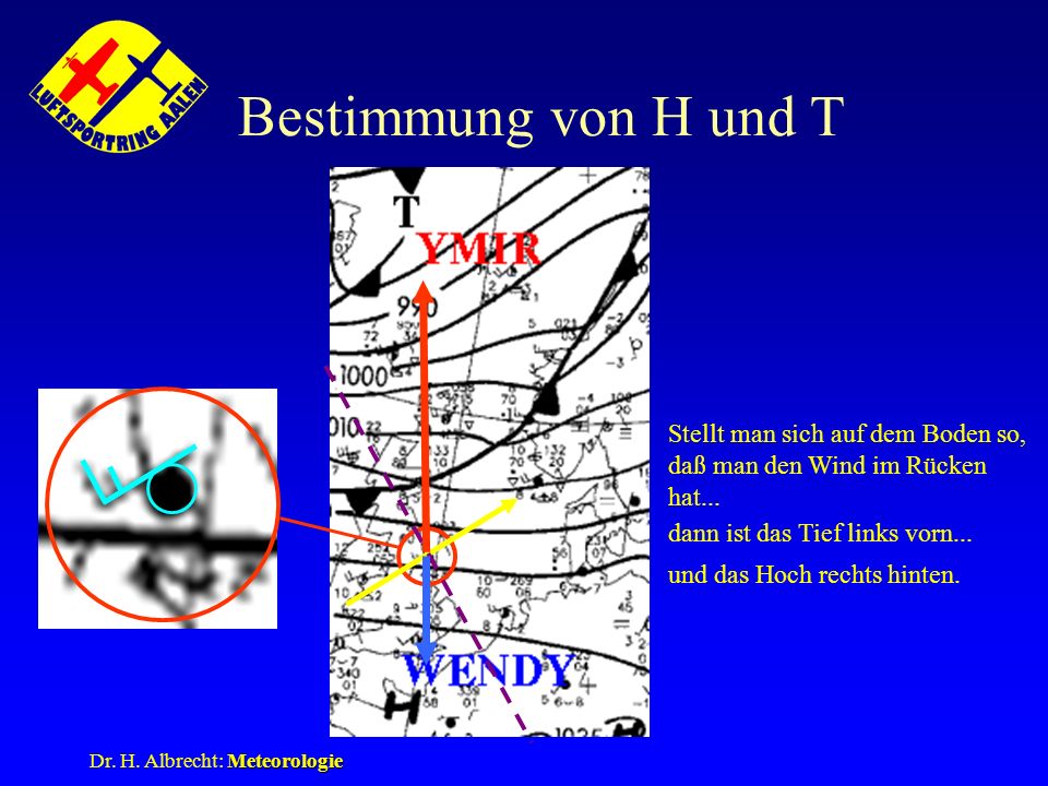 Bestimmung von H und T Stellt man sich auf dem Boden so, daß man den Wind im Rücken hat... dann ist das Tief links vorn...