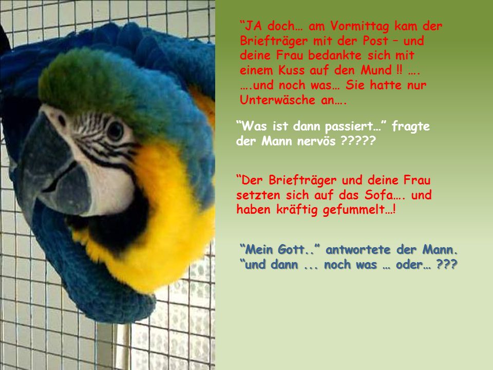 JA doch… am Vormittag kam der Briefträger mit der Post – und deine Frau bedankte sich mit einem Kuss auf den Mund !! ….