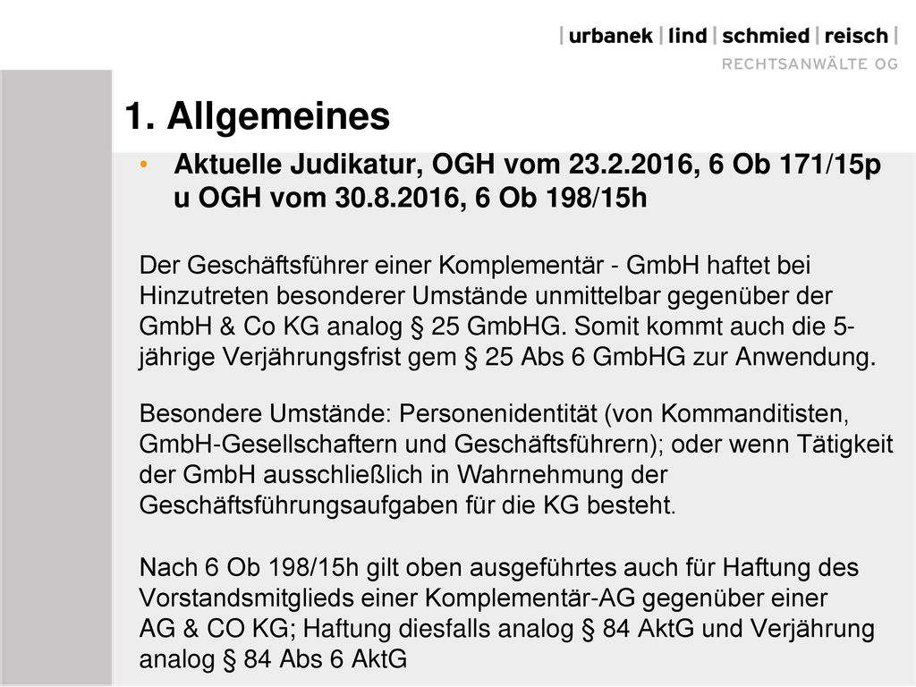 1. Allgemeines Aktuelle Judikatur, OGH vom , 6 Ob 171/15p u OGH vom , 6 Ob 198/15h.