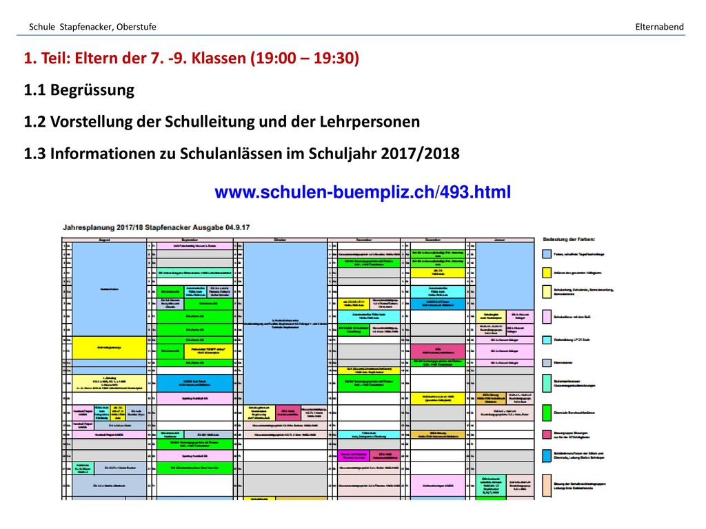 1. Teil: Eltern der Klassen (19:00 – 19:30) 1.1 Begrüssung