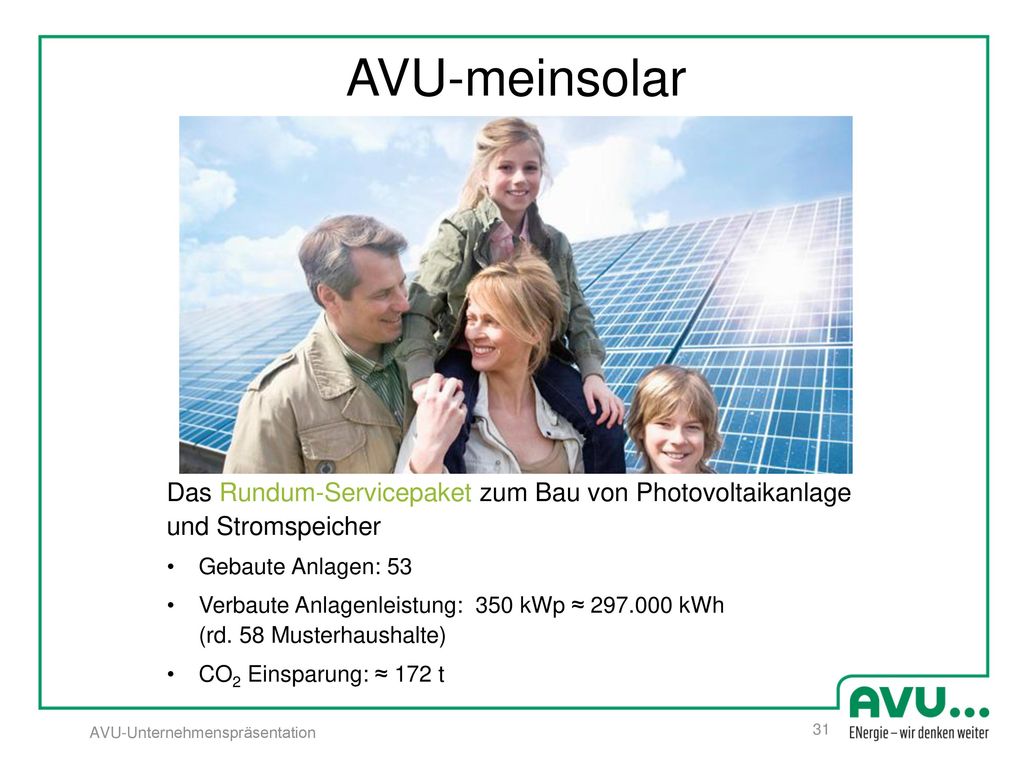 AVU-meinsolar Das Rundum-Servicepaket zum Bau von Photovoltaikanlage und Stromspeicher. Gebaute Anlagen: 53.