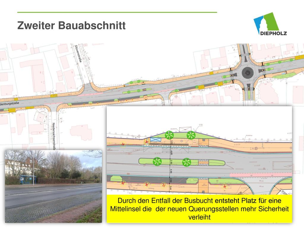 Zweiter Bauabschnitt Durch den Entfall der Busbucht entsteht Platz für eine Mittelinsel die der neuen Querungsstellen mehr Sicherheit verleiht.