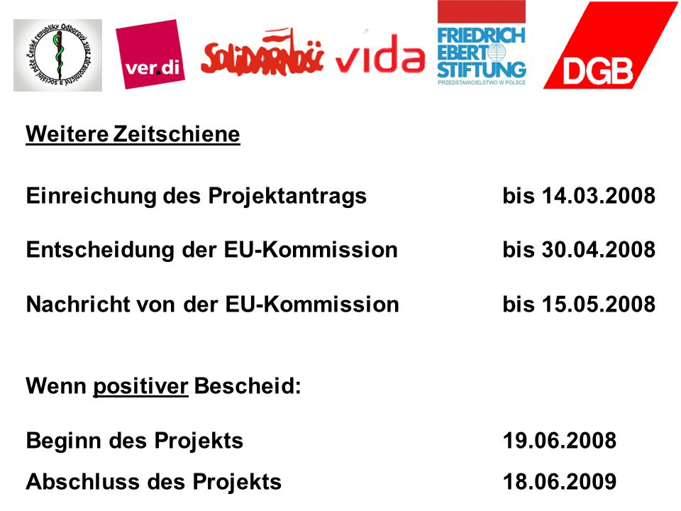 Weitere Zeitschiene Einreichung des Projektantrags bis Entscheidung der EU-Kommission bis