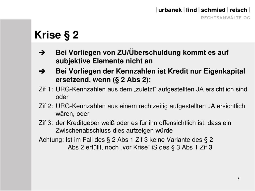 Krise § 2 Bei Vorliegen von ZU/Überschuldung kommt es auf subjektive Elemente nicht an.
