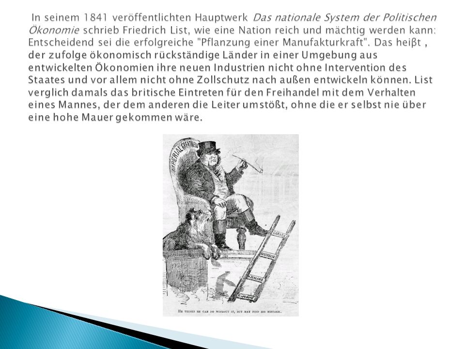 In seinem 1841 veröffentlichten Hauptwerk Das nationale System der Politischen Ökonomie schrieb Friedrich List, wie eine Nation reich und mächtig werden kann: Entscheidend sei die erfolgreiche Pflanzung einer Manufakturkraft .