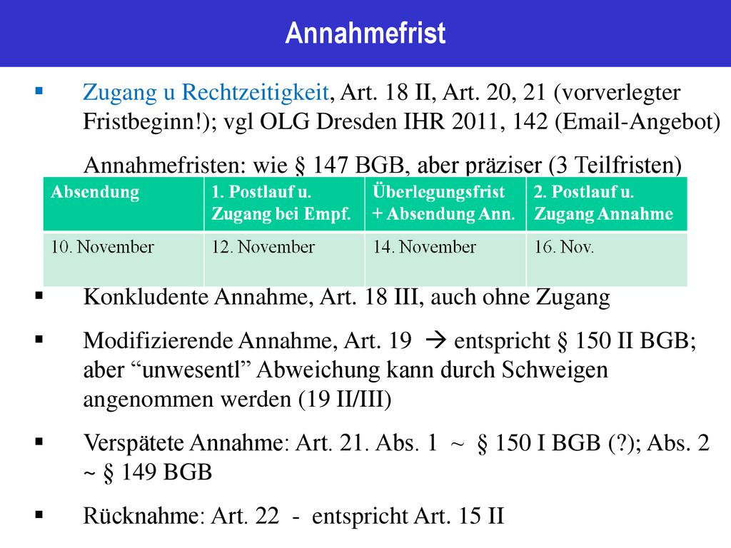 Annahmefrist Zugang u Rechtzeitigkeit, Art. 18 II, Art. 20, 21 (vorverlegter Fristbeginn!); vgl OLG Dresden IHR 2011, 142 ( -Angebot)