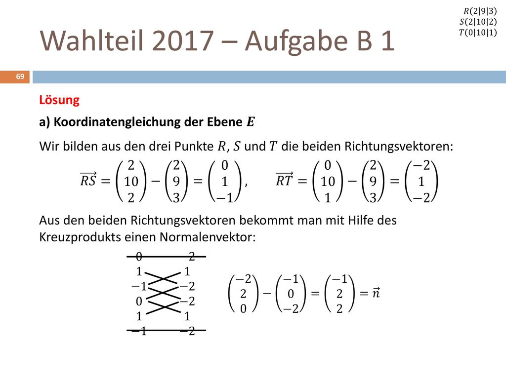 Wahlteil 2017 – Aufgabe B 1 Lösung a) Koordinatengleichung der Ebene 𝑬