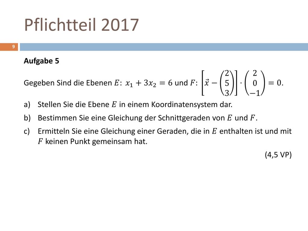 Pflichtteil 2017 Aufgabe 5. Gegeben Sind die Ebenen 𝐸: 𝑥 1 +3 𝑥 2 =6 und 𝐹: 𝑥 − ⋅ 2 0 −1 =0.