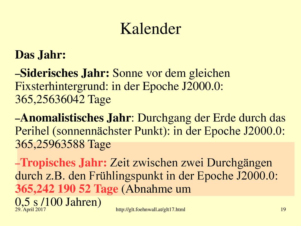 Kalender Das Jahr: Siderisches Jahr: Sonne vor dem gleichen Fixsterhintergrund: in der Epoche J2000.0: 365, Tage.