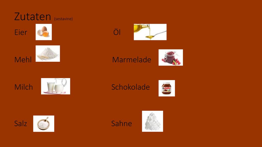 Zutaten (sestavine) Eier Öl Mehl Marmelade Milch Schokolade Salz Sahne