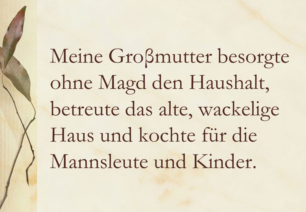 Meine Groβmutter besorgte ohne Magd den Haushalt, betreute das alte, wackelige Haus und kochte für die Mannsleute und Kinder.