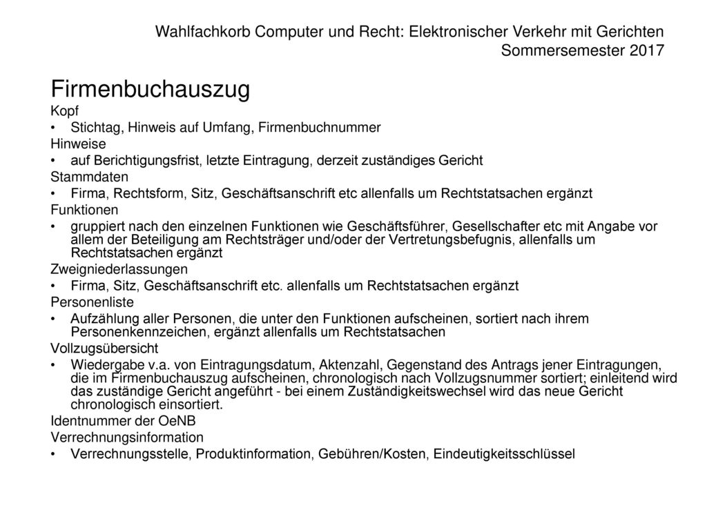 Firmenbuchauszug Kopf Stichtag, Hinweis auf Umfang, Firmenbuchnummer