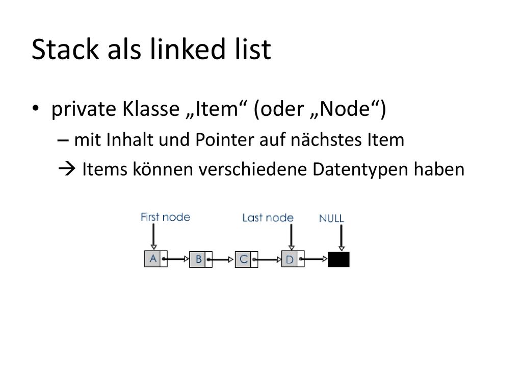 Stack als linked list private Klasse „Item (oder „Node )