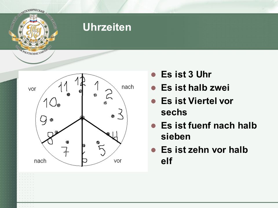 Uhrzeiten Es ist 3 Uhr Es ist halb zwei Es ist Viertel vor sechs