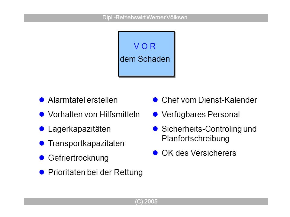 WÄHREND des Schadens. Notfallstab einberufen. Erstmaßnahmen zur Schadenbekämpfung. (Prioritäten für die Rettung festlegen)