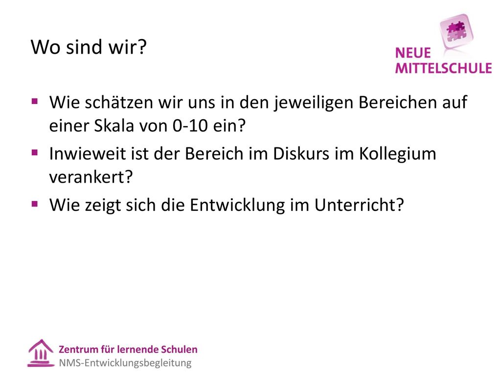 Wo sind wir Wie schätzen wir uns in den jeweiligen Bereichen auf einer Skala von 0-10 ein