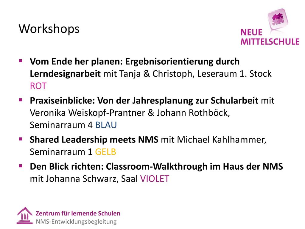 Workshops Vom Ende her planen: Ergebnisorientierung durch Lerndesignarbeit mit Tanja & Christoph, Leseraum 1. Stock ROT.