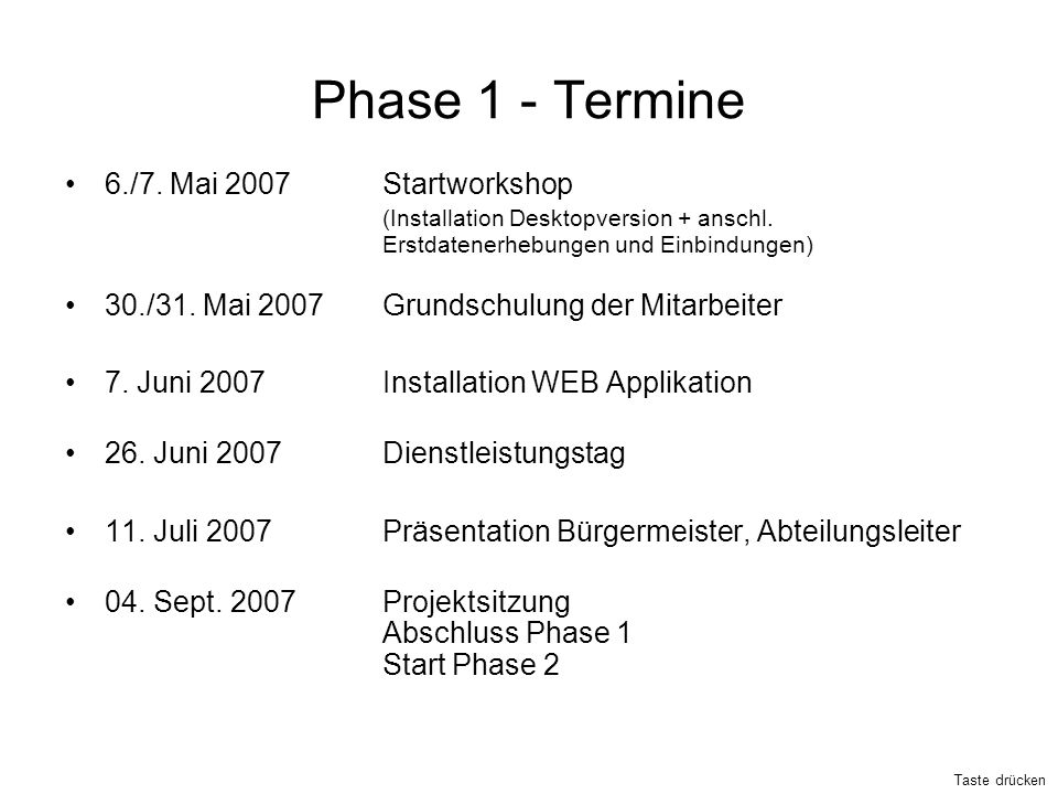 Phase 1 - Termine 6./7. Mai 2007 Startworkshop (Installation Desktopversion + anschl. Erstdatenerhebungen und Einbindungen)