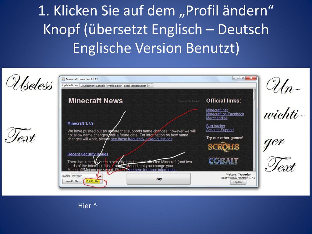 1. Klicken Sie auf dem „Profil ändern Knopf (übersetzt Englisch – Deutsch Englische Version Benutzt)
