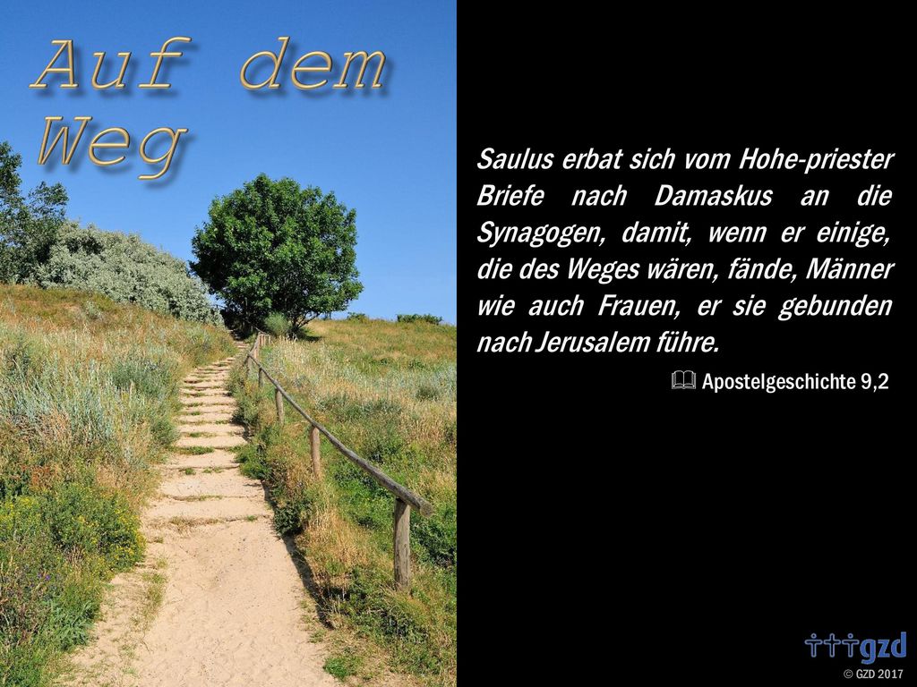 Saulus erbat sich vom Hohe-priester Briefe nach Damaskus an die Synagogen, damit, wenn er einige, die des Weges wären, fände, Männer wie auch Frauen, er sie gebunden nach Jerusalem führe.