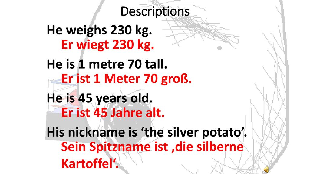 Descriptions He weighs 230 kg. He is 1 metre 70 tall. He is 45 years old. His nickname is ‘the silver potato’.