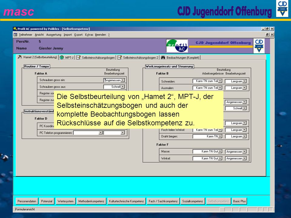 Die Selbstbeurteilung von „Hamet 2 , MPT-J, der Selbsteinschätzungsbogen und auch der komplette Beobachtungsbogen lassen Rückschlüsse auf die Selbstkompetenz zu.