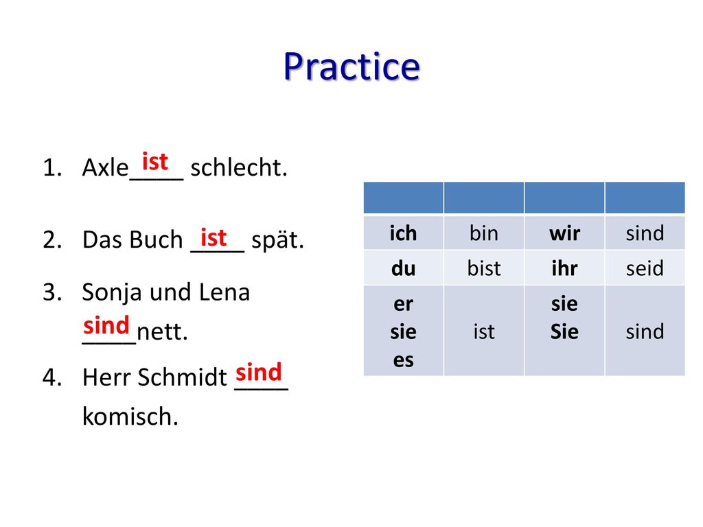 Practice Axle____ schlecht. ist Das Buch ____ spät.