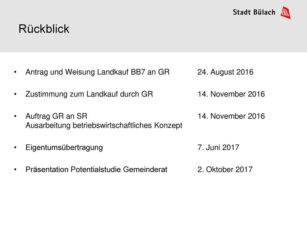 Rückblick Antrag und Weisung Landkauf BB7 an GR 24. August 2016