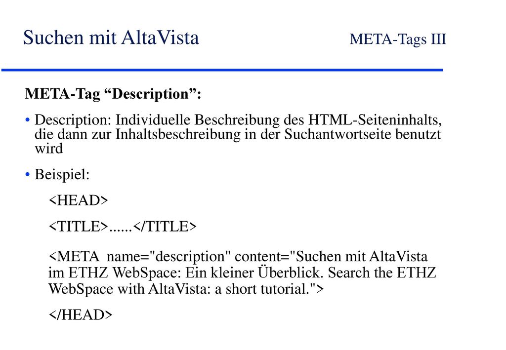 Suchen mit AltaVista META-Tags III
