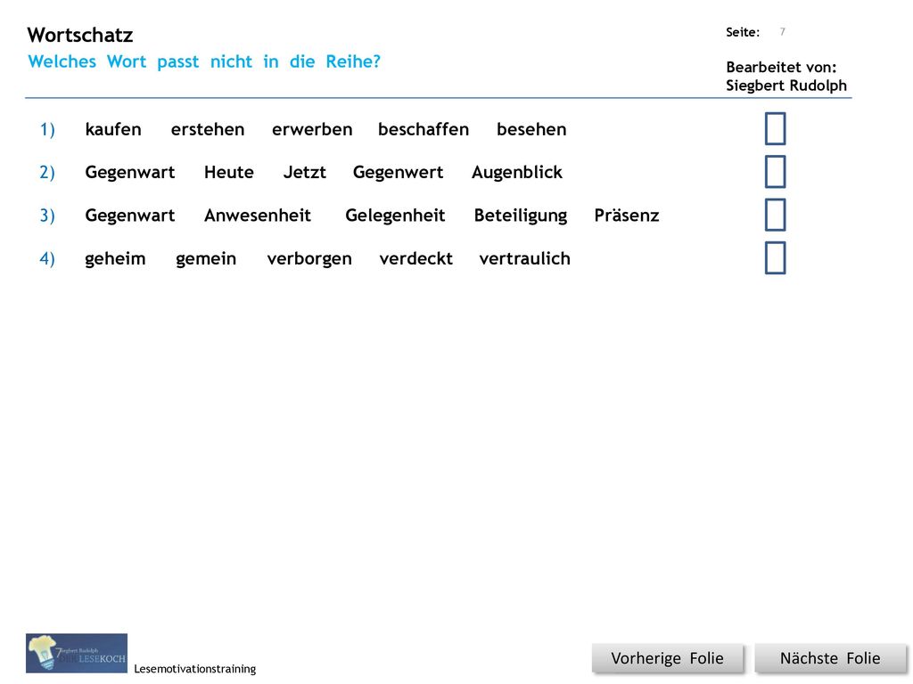 Wortschatz Welches Wort passt nicht in die Reihe 1) kaufen erstehen