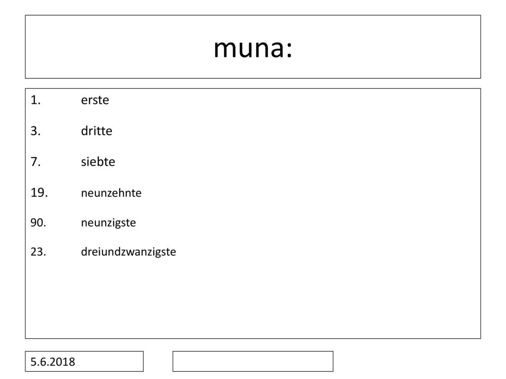 muna: 1. erste 3. dritte 7. siebte 19. neunzehnte 90. neunzigste
