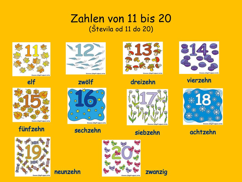 Zahlen von 11 bis 20 (Števila od 11 do 20)