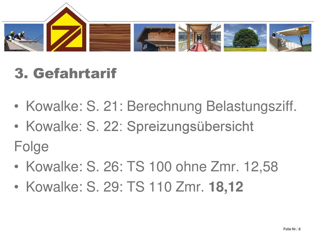 3. Gefahrtarif Kowalke: S. 21: Berechnung Belastungsziff. Kowalke: S. 22: Spreizungsübersicht. Folge.