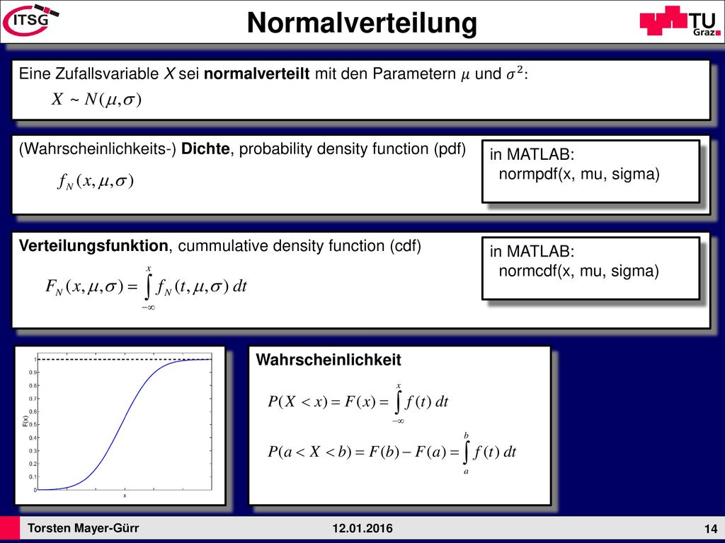 Normalverteilung Eine Zufallsvariable X sei normalverteilt mit den Parametern 𝜇 und 𝜎 2 :