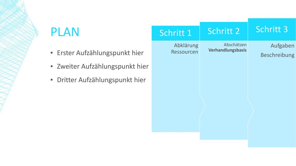 PLAN Schritt 3 Schritt 2 Schritt 1 Erster Aufzählungspunkt hier
